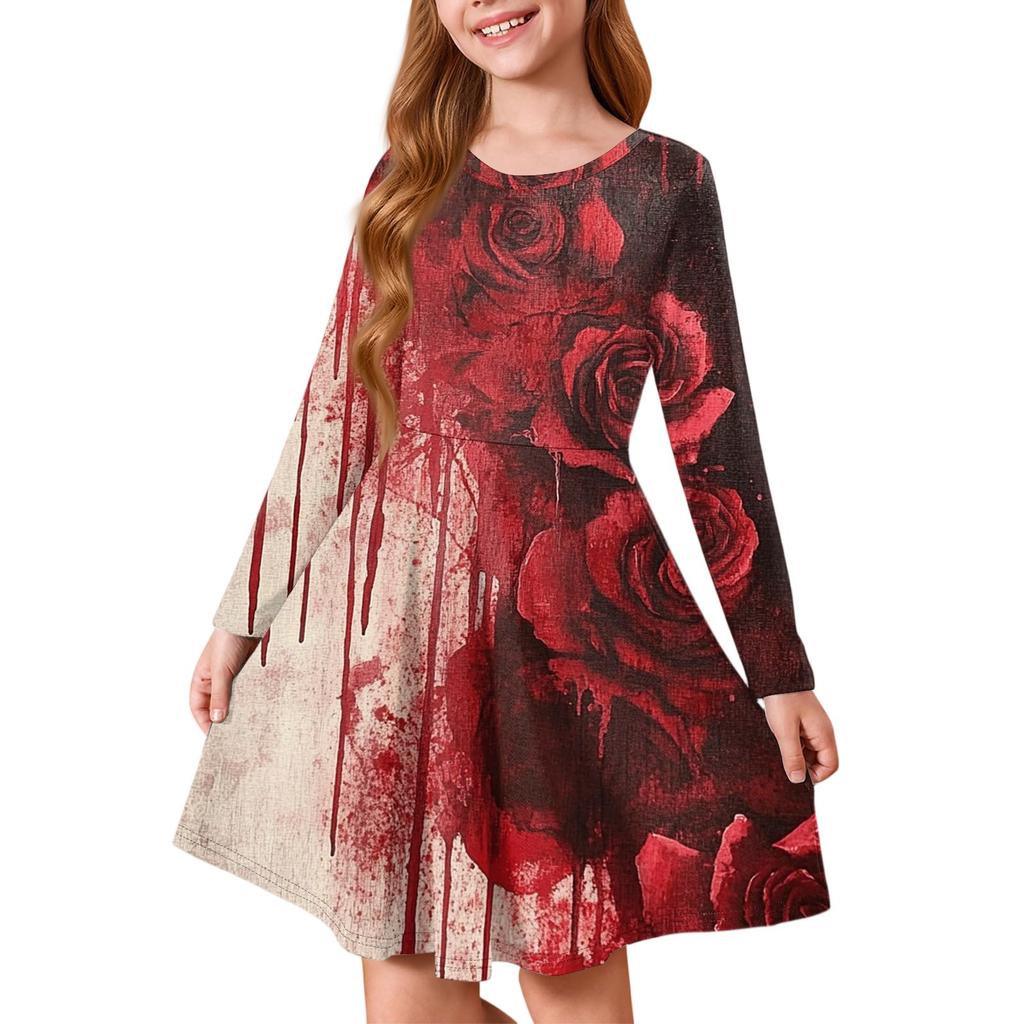 Girls' Summer Princess Dress Halloween Day- Long Sleeve A-Line T-Shirt Dress