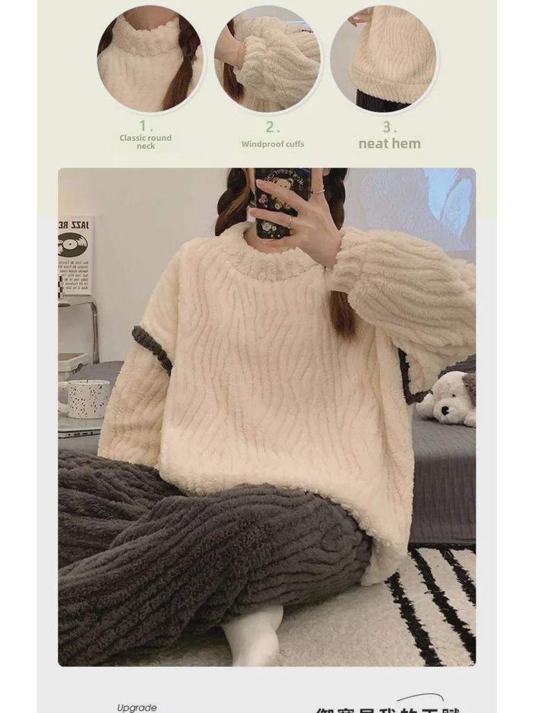 Women's Winter Velvet Thick Pajama Set - Long Sleeve, Cozy, Plus Velvet, Home Suit