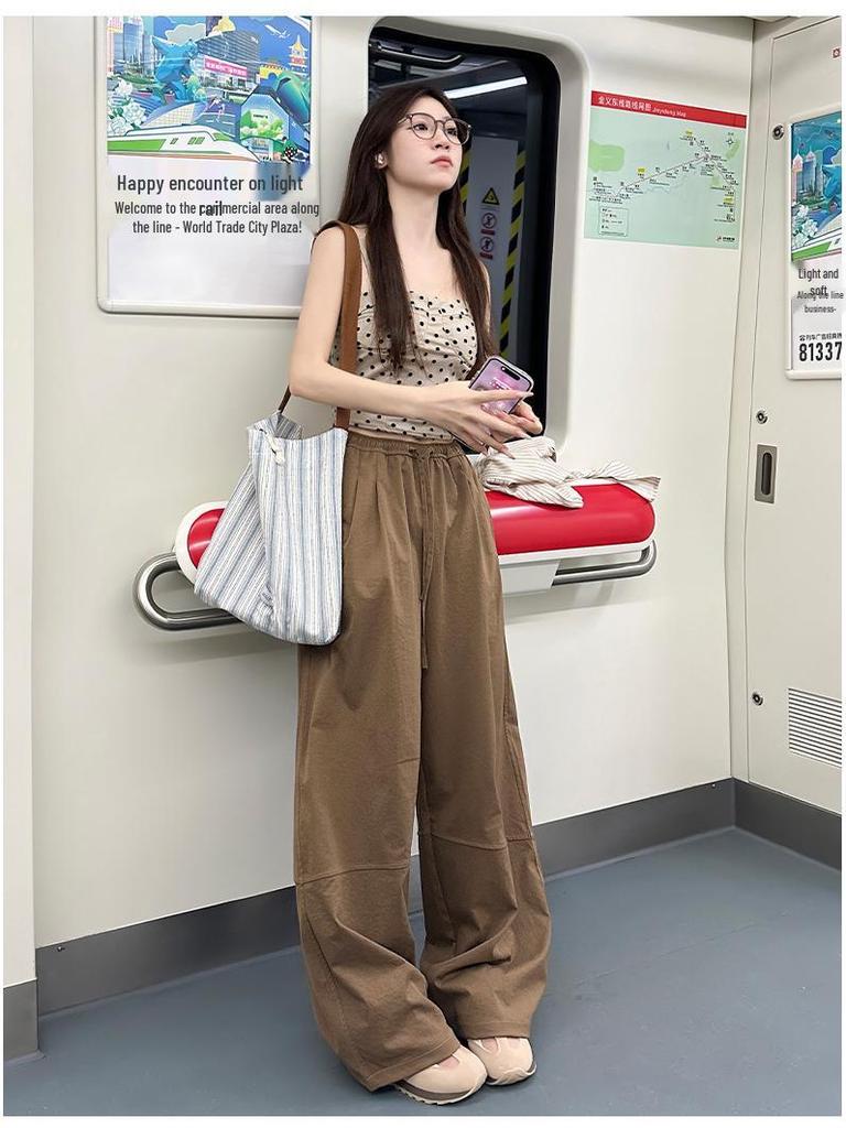 Women's High Waist Quick-Dry Casual Pants - Spring/Autumn, Loose Fit, Straight-Leg Wide-Leg, Slimming, Petite