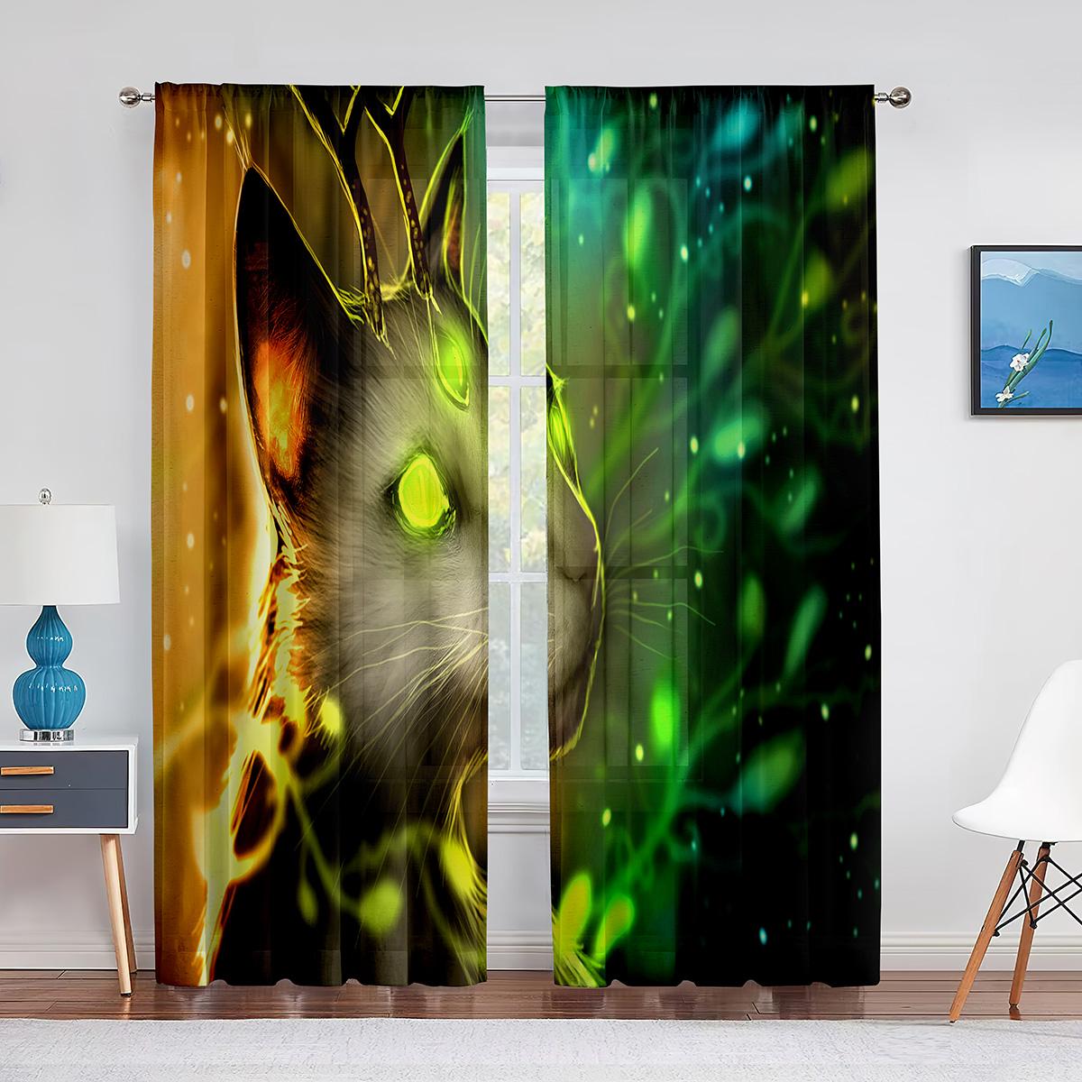 Прозрачные шторы с милым котом в стиле фэнтези для гостиной — фото 4