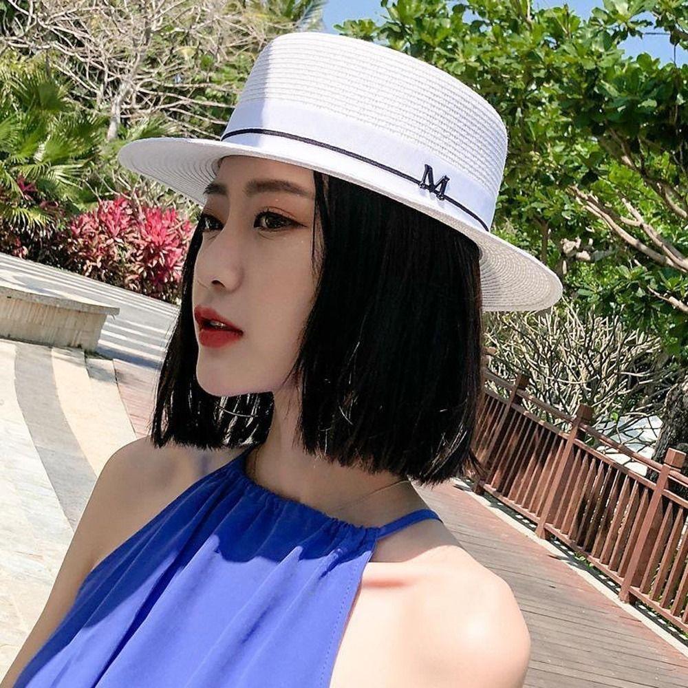 Sun Hats UV Protection Caps Korean Flat Caps Travel Sun Hats Women Straw Hats British Beach Caps Summer Sunscreen Hats Letter M