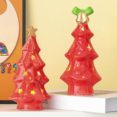 Keramik Weihnachtsbaum Nachtlicht Leuchtende Dekorative Lampe mit Sternspitze Weihnachtsbaum Figuren für Feiertags-Heimdeko