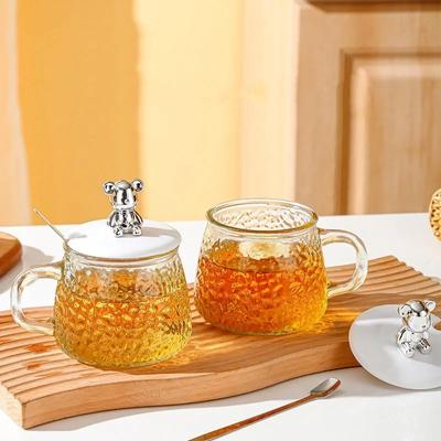 Silberner Kleiner Bär Kaffeetasse mit Deckel Löffel Transparentes Eisberg Wellenglas Wasserbecher Saft Milch Hitzebeständige Mocha Tassen