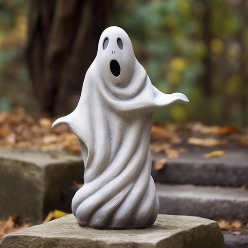 Scultura da Giardino di Halloween Fantasma Bianco Scultura da Esterno Simpatico Fantasma Decorazione da Giardino Artigianato in Resina Accessori Decor