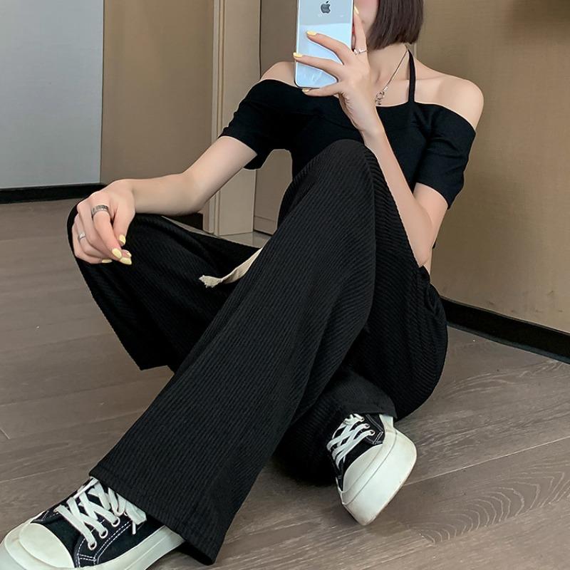 Black Ice Silk Sports Wide-leg Pants Women's High Waist Drape Spring and Summer New Breathable Loose Straight Casual Pants