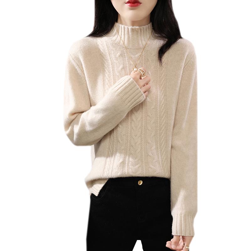 Women's Cable Knit Wool Sweater - High Neck, Thick, Long Sleeve, Autumn/Winter
