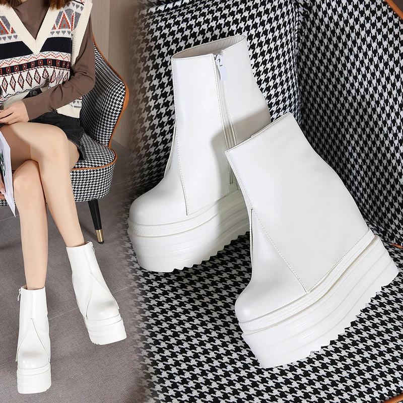 Fashion 14 CM High Heels Ankle Boots For Women Platform Boots White Black Female Shoes