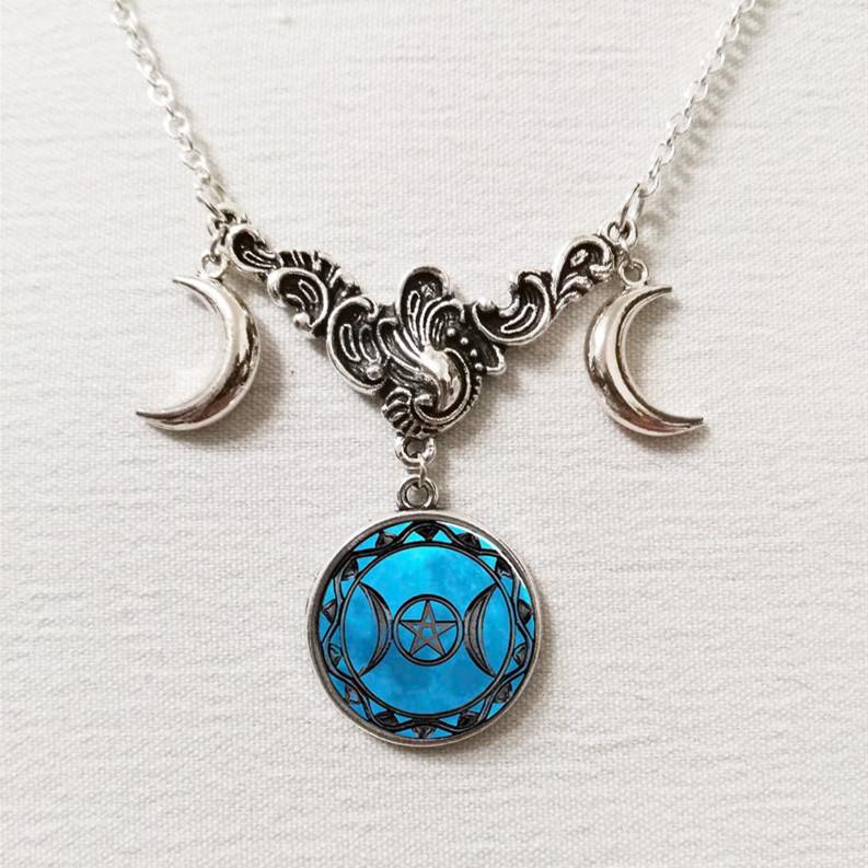 Retro Fashion Sliver Color Triple Moon Goddess Crescent Moon Crystal Glass Pendant Necklace for Women Amulet Charm Jewelry Gifts