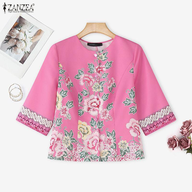 ZANZEA Women Round Neck 3/4 Sleeve Floral Print Casual Blouse