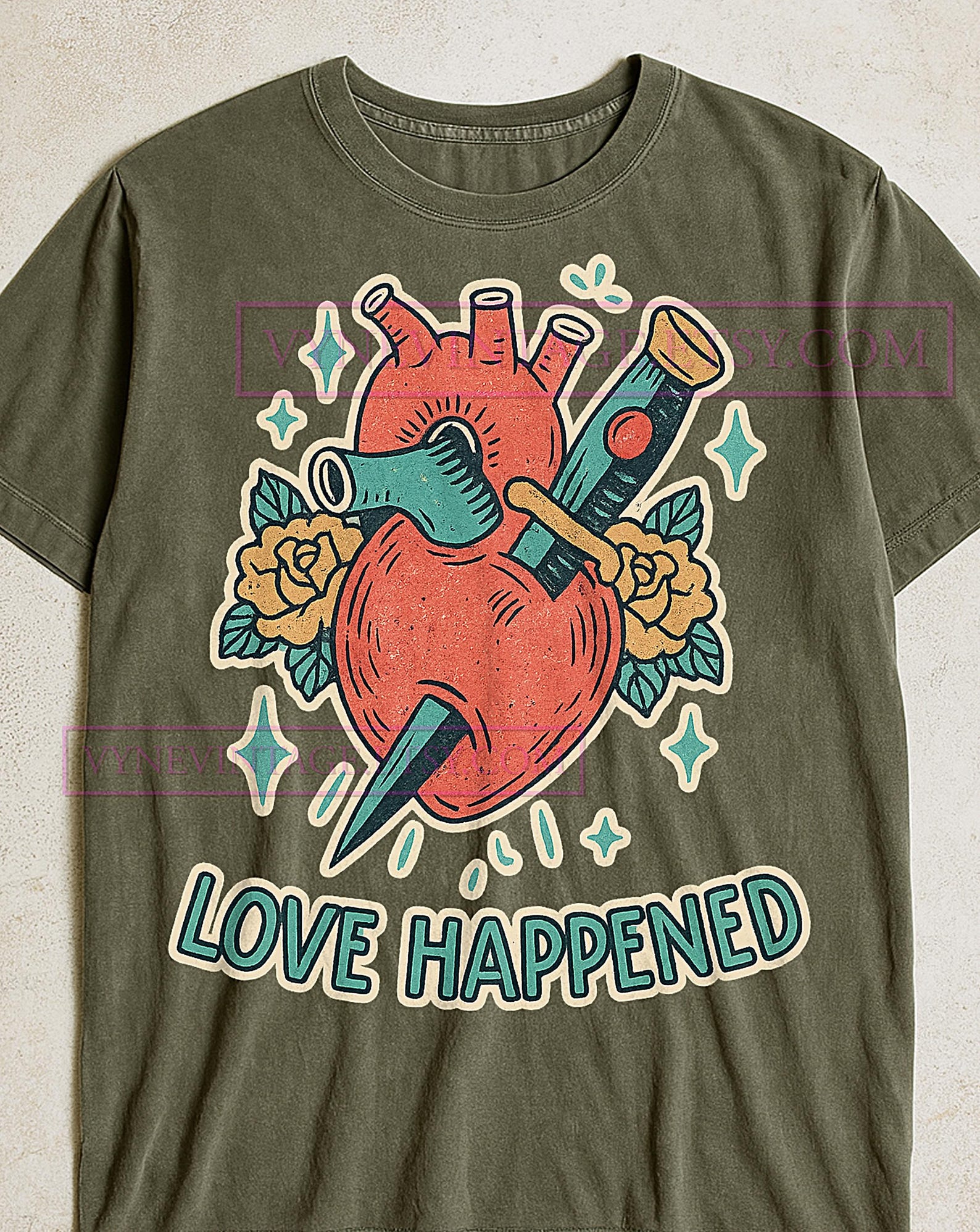 Love Happened Heart Dagger T-Shirt, Retro Cartoon Shirt Vintage Style Graphic, Heart Dagger Love Tee, Quirky Love Gift S