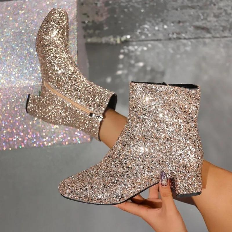 Fashion Women's Boots  Bling Sequins Solid Color Side Zipper Luxury Comfortable Midsole Boots  De Mujer Party Girls