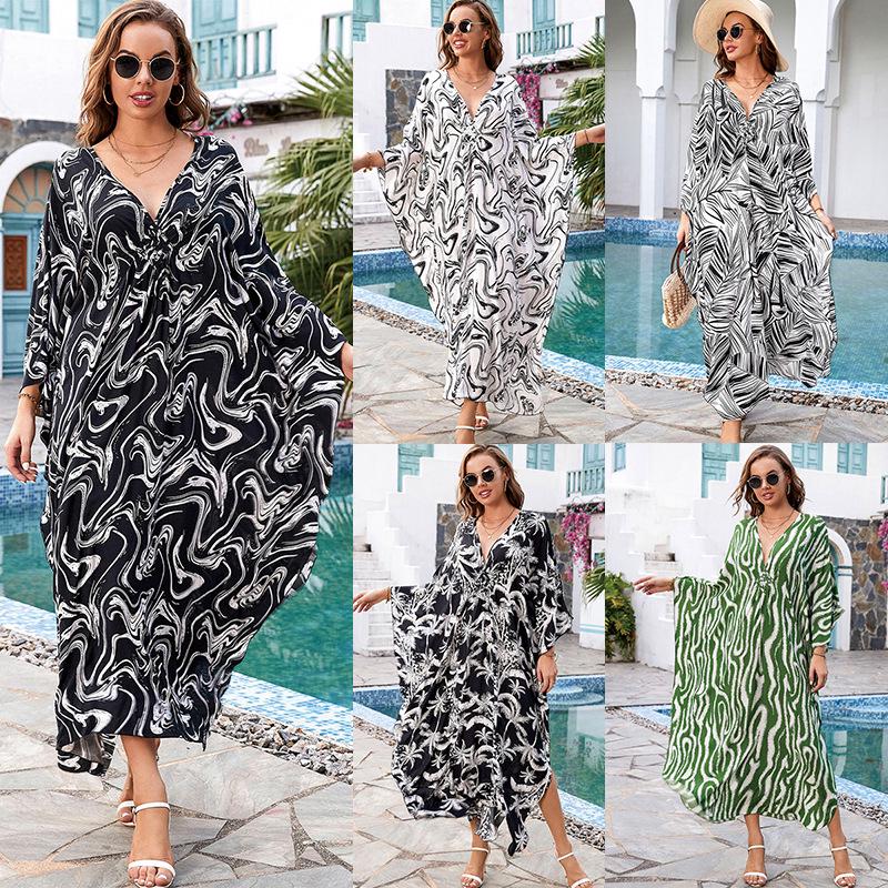 European & American Cotton Print Plus Size Loose Beach Dress Cover-Up for Women