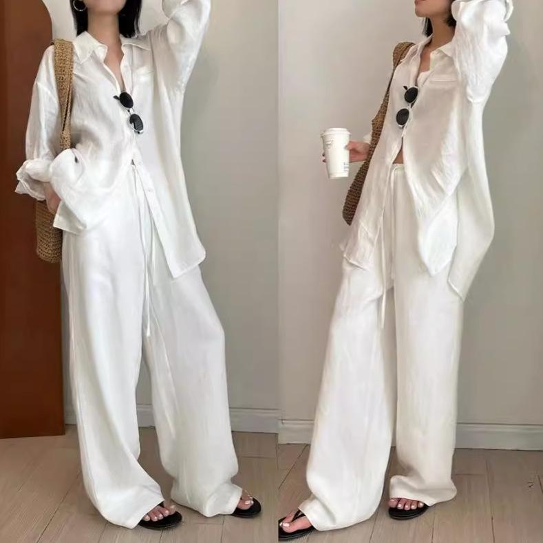 Slack Linen Wide-leg Pants Summer Loose Versatile Drawstring Straight White Casual Trousers Korean Fashion