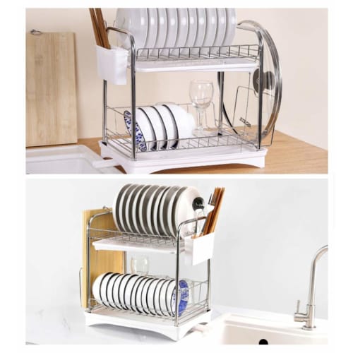 HINATA LIFE Dish Drainer, 2-Tier Stainless Steel Dish Drainer with Chopstick Holder, Cutting Board Holder, Dish Drainer Tray, Dish Drainer Basket, Dis
