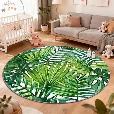 Watercolor Tropical Palm Leaf Round Rug Green Monstera Botanical Print Non Slip Circular Mat for Bedroom Nature Home Decor