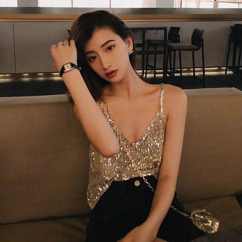 

Женская блестящая майка без рукавов с V-образным вырезом и пайетками One Size