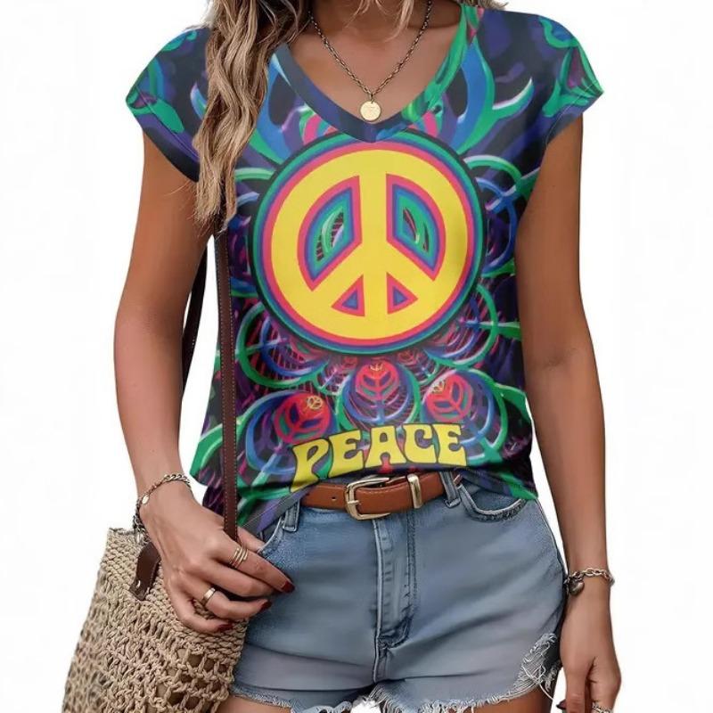 Summer Women's Casual Temperament Retro Printed Pattern V-neck Narrow Sleeved Shirt