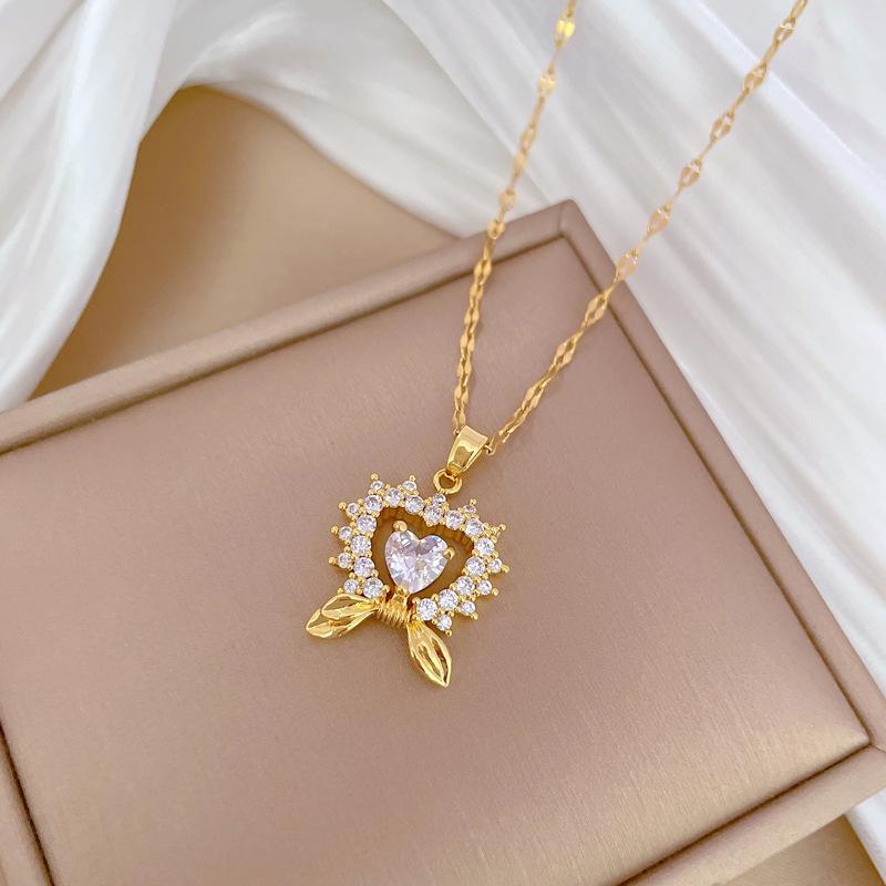 Love Bow Light Luxury Temperament Gorgeous Full Diamond Necklace Women'S Versatile Collarbone Chain Titanium Steel Chain