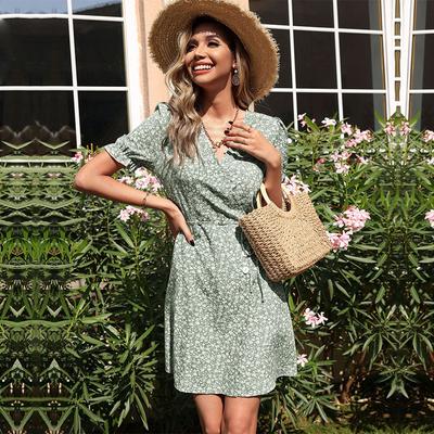 New Summer Fresh and Rustic Sweet Green Printed Dress