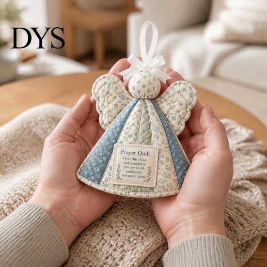 Religious Keepsake Gift Prayer Quilt Angel Ornament, Filled Love Faith Christmas Decoration, Handmade Look Quilted for Xmas Tree, Door Mantel