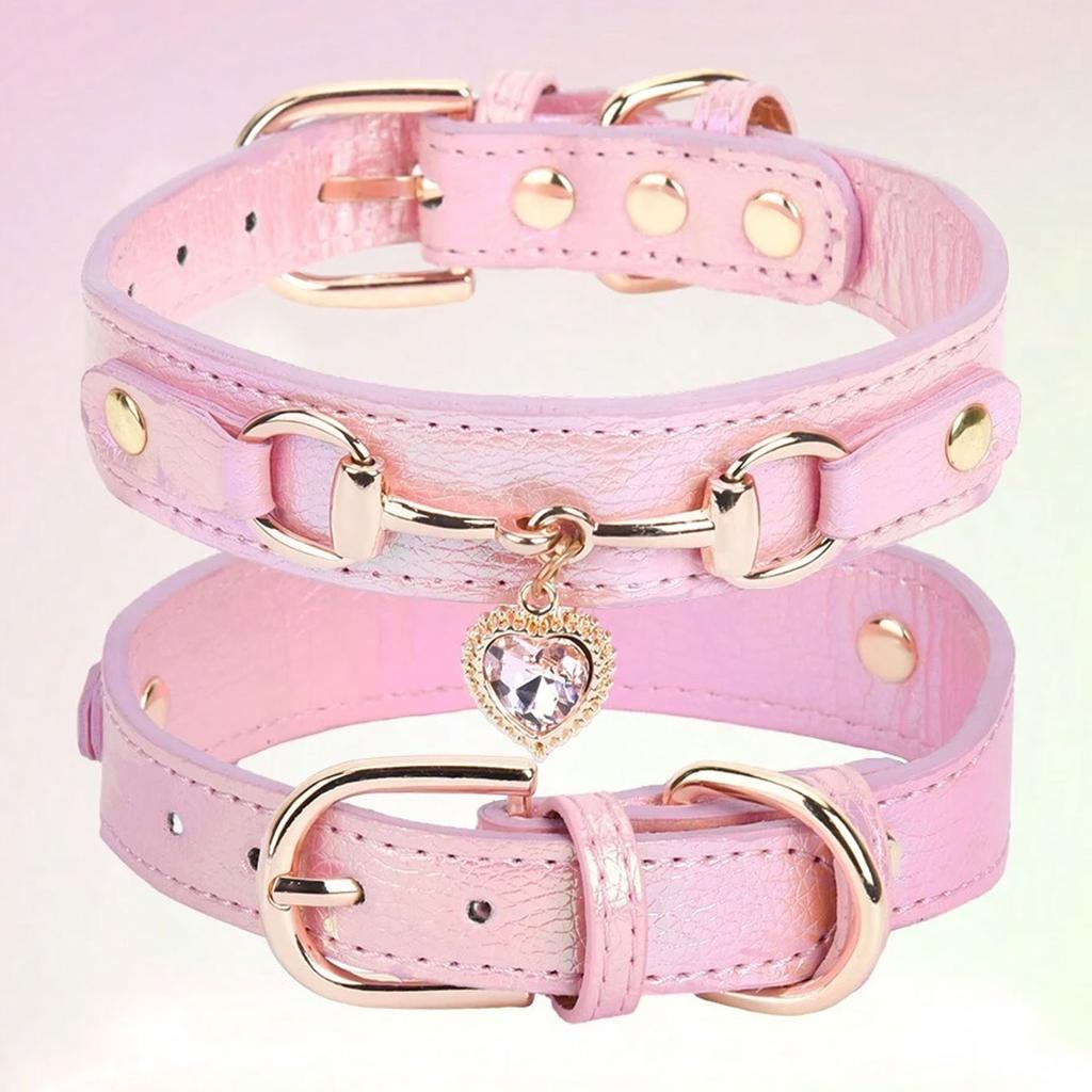 1Pc PU Leather Delicate Pet Dog Collar, High-Quality Leather Fabric And Alloy Fittings. Beautiful Gemstone Decoration.8-15''Neck
