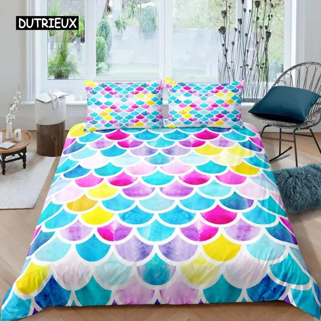 Fish Scales Duvet Cover Set Bedding Set Colorful Mermaid Scale Quilt Cover Pillowcase Queen Size Girls 2/3pcs Comforter Cover Three-piece Set