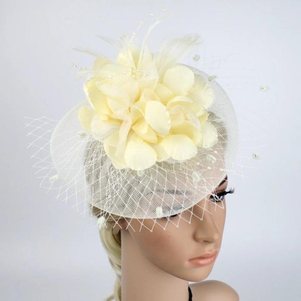

Luxury Cocktail Bridal Mesh Flower Cap Formal Dress Wedding Feather Hat Women бежевый