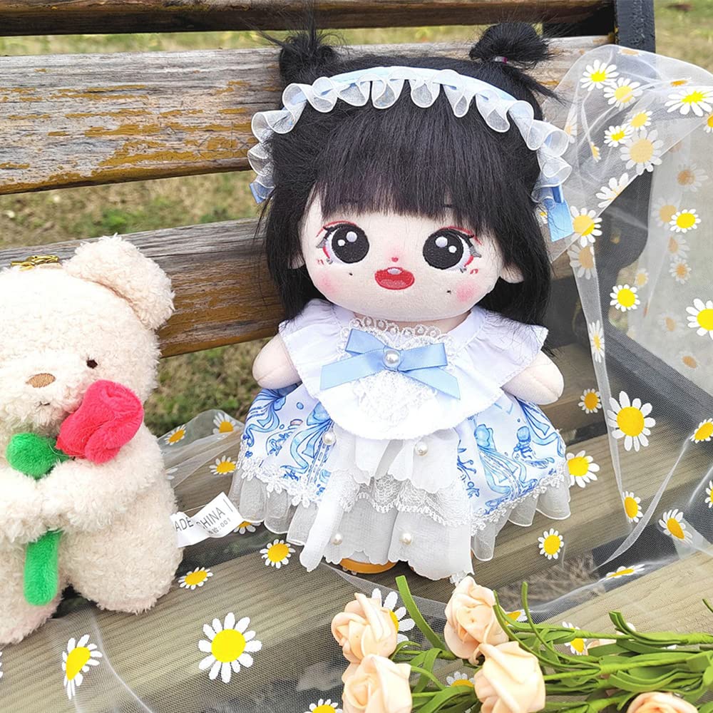 niannyyhouse 20cm Plush Clothes Blue Dress Headwear Cotton Doll One Piece Dress Up