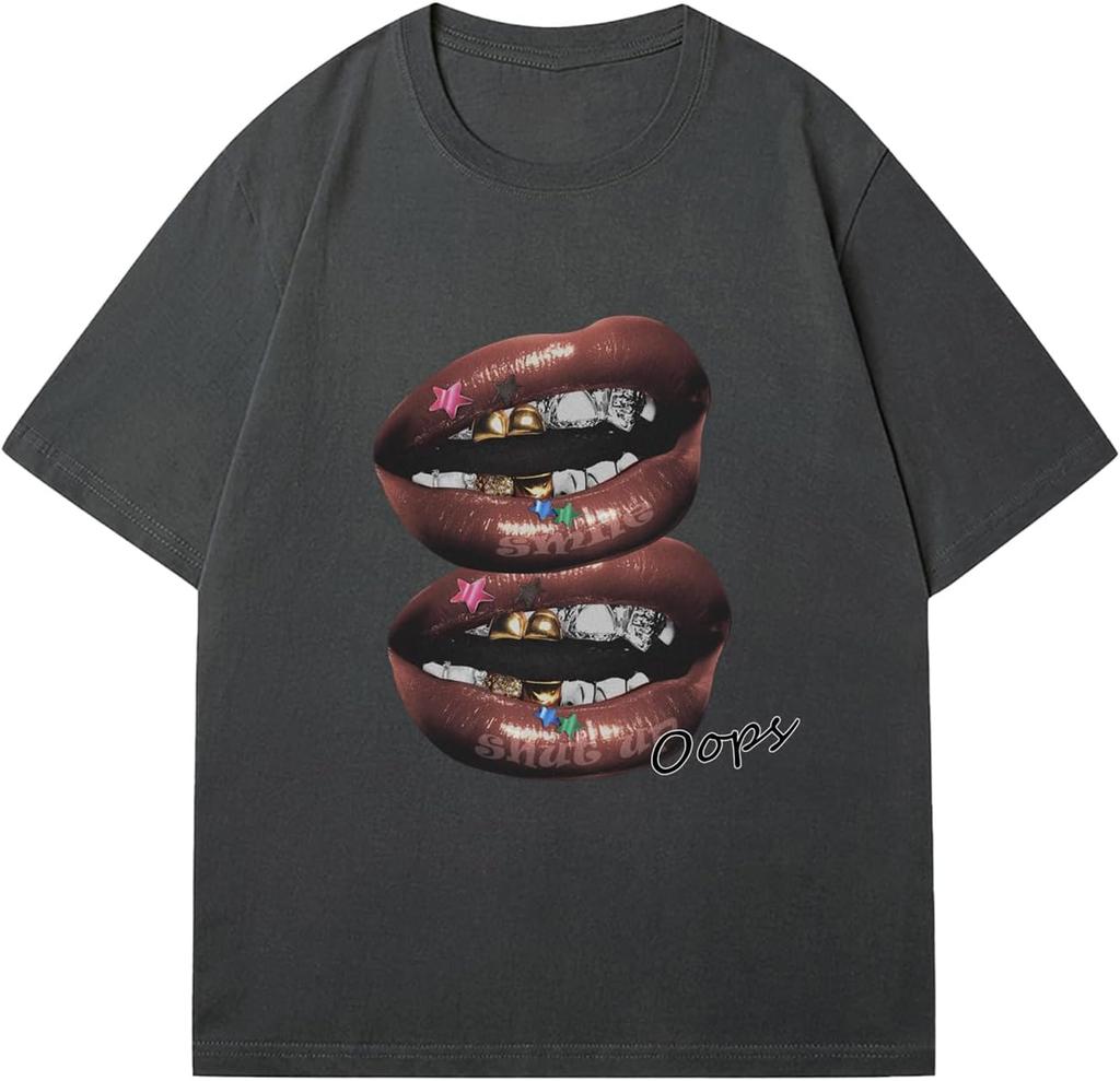 Chic Lips Zlaté zuby Vintage tričko Rock Goth Ležérní tričko Oblečení Pánské Oversized Bavlněné tričko Harajuku Y2k Topy Streetwear