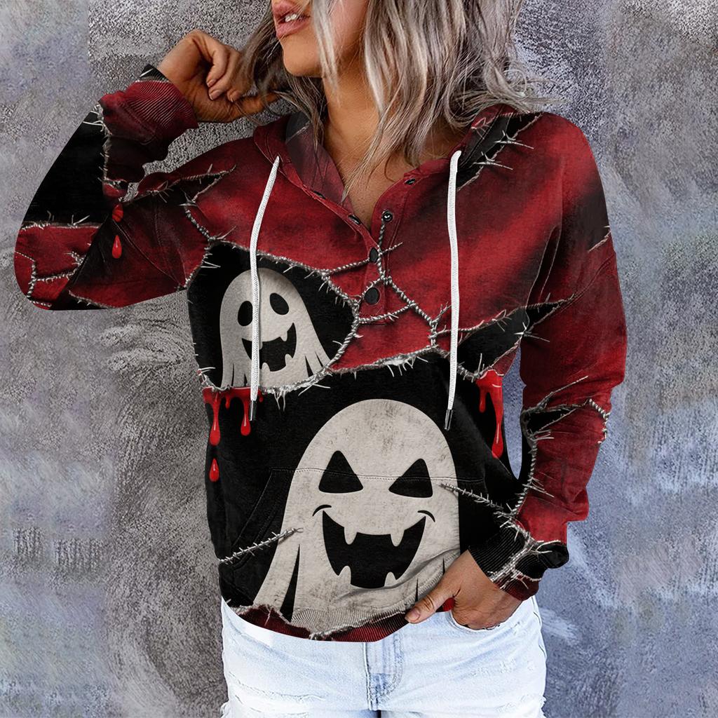 Women's Casual Round Neck Long Sleeved Top With Shattered Halloween Print Hooded Sweatshirt