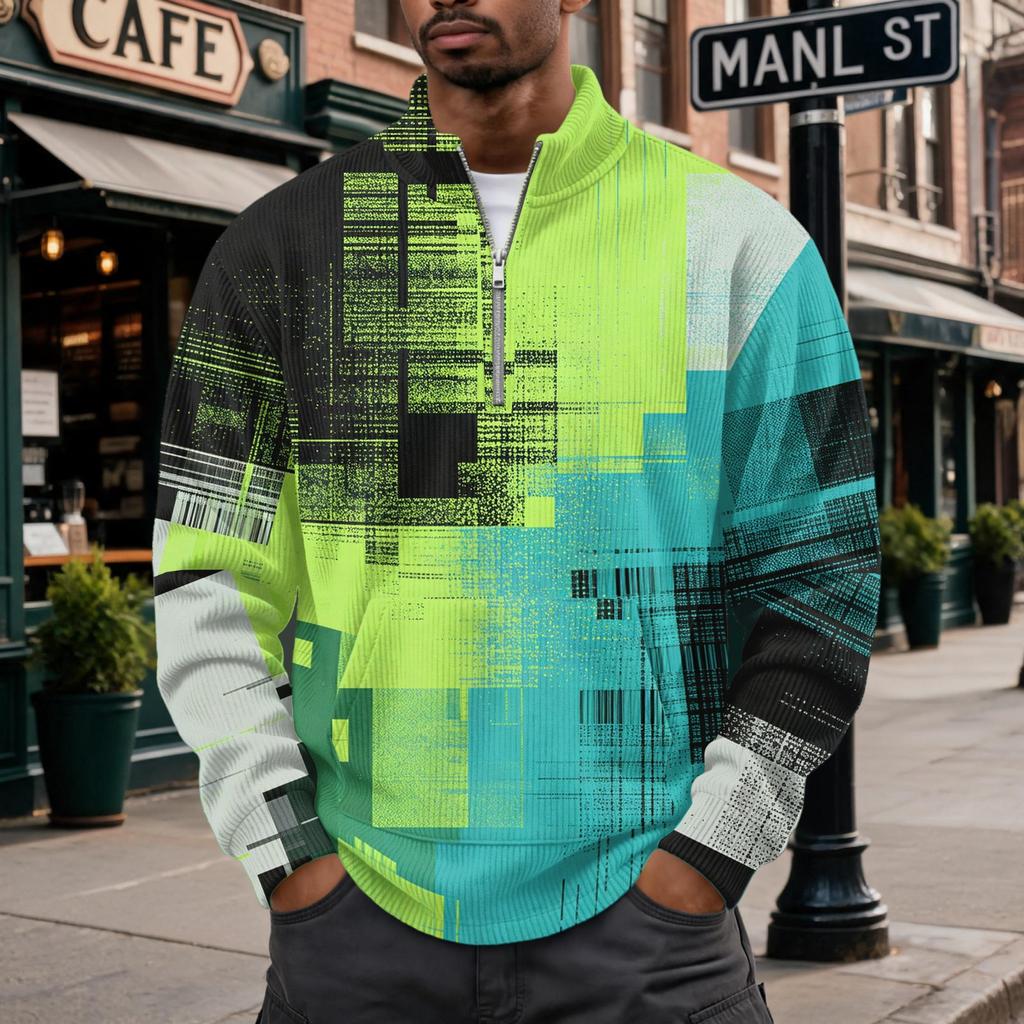 Men's Retro Corduroy Long Sleeve Shirt with Stand Collar and Pocket, Printed Casual Top