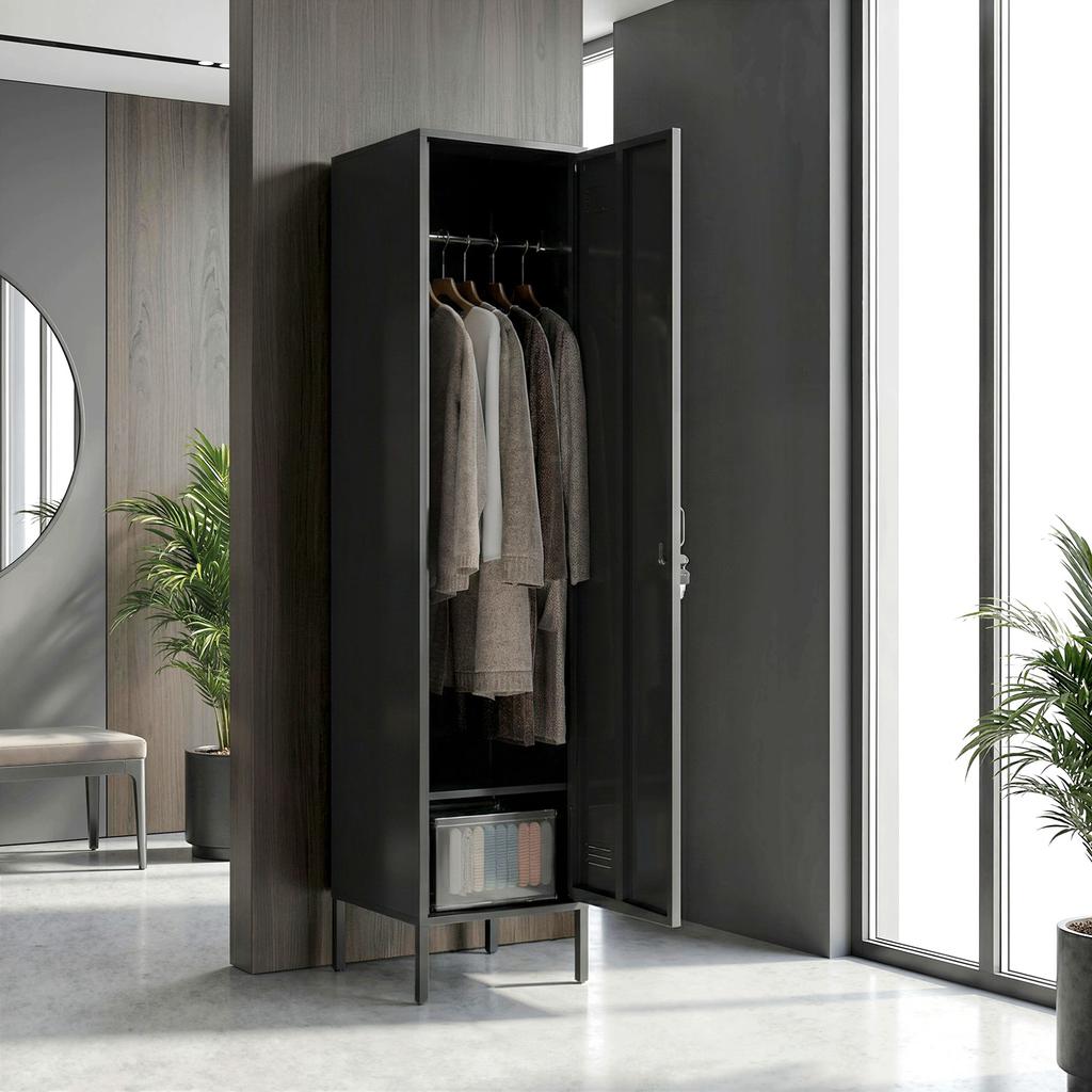 Metal Locker with Lockable Door and Clothes Rail, Single Steel Locker for Home or Office, Black