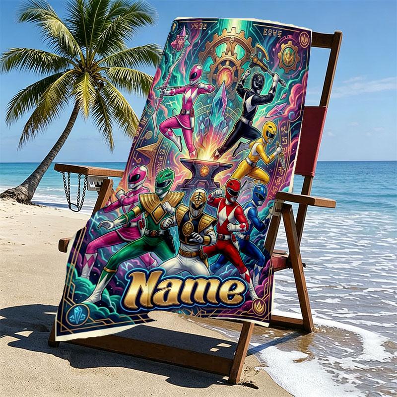 Custom Name Personalized Power Rangers Print Beach Towel, for Trip Camping Beach Party Home Decor, Birthday Gift for Family & Friends