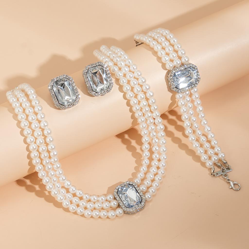 3Pcs/Set Multilayer Imitation Zircon Chain Necklace Bracelet for Women Wedding Bridal Goth Stud Earrings Zircon Set Accessories