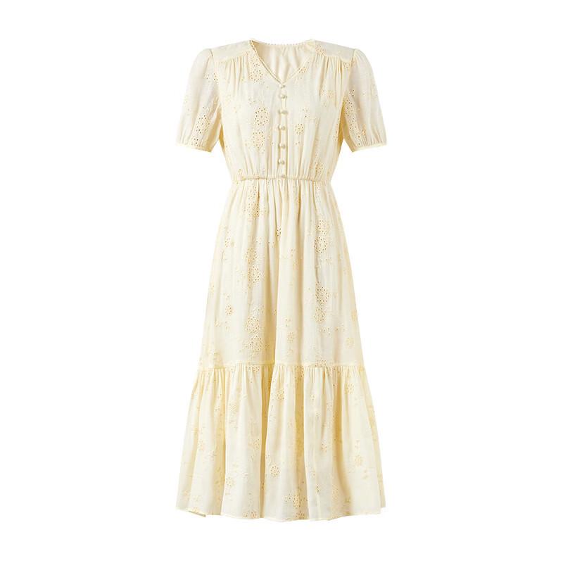 Autumn Water Lady V-Neck Puff Sleeve Embroidered Dress
