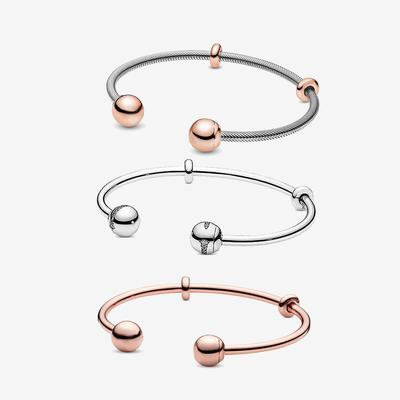 925 Sterling Zilver Rose Gouden Momenten Open & Zilveren Slangenketting Armband Stijl Open Witte Zirkoon Open Bangle