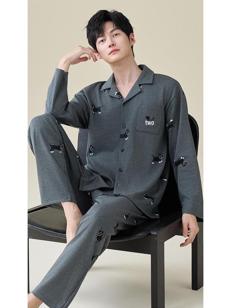 Men's 100% Cotton Striped Long Sleeve Pajamas - Trendy Korean Style for Spring