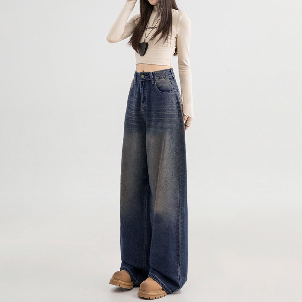 Trendy high street design sense washed wide-leg jeans spring and autumn new high-waisted loose mopping jeans