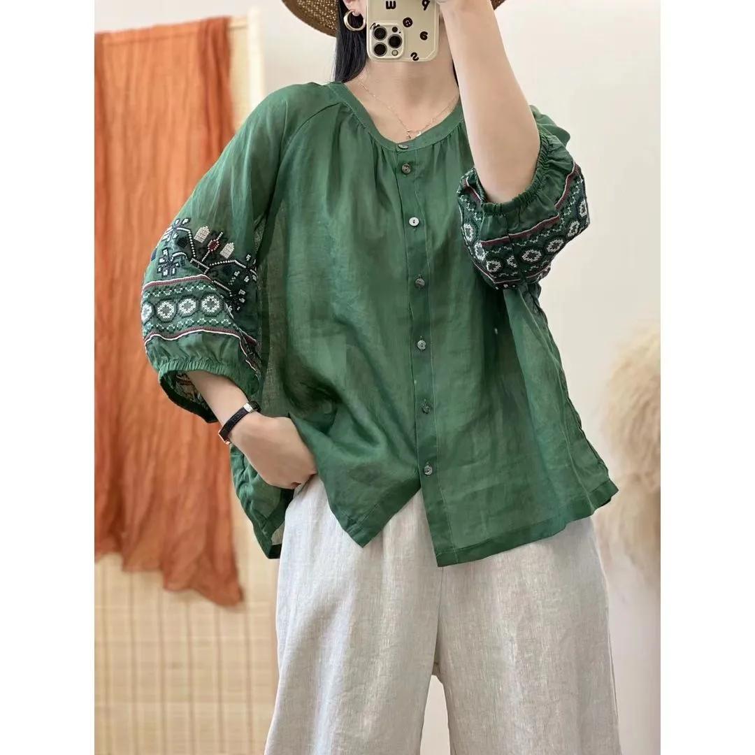 

Женская летняя винтажная вышитая рубашка с рукавами-фонариками, удобные топы с рукавами семь минут в литературном стиле 3XL зелёный