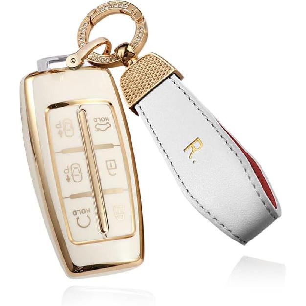 SANRILY Goldrand 6-Tasten Schlüsselanhänger Hülle für Genesis GV70 2021 2022 G90 G70 G80 GV80 Keyless Vollschutz Schlüsselanhänger Hülle mit Leder Schlüsselanhänger