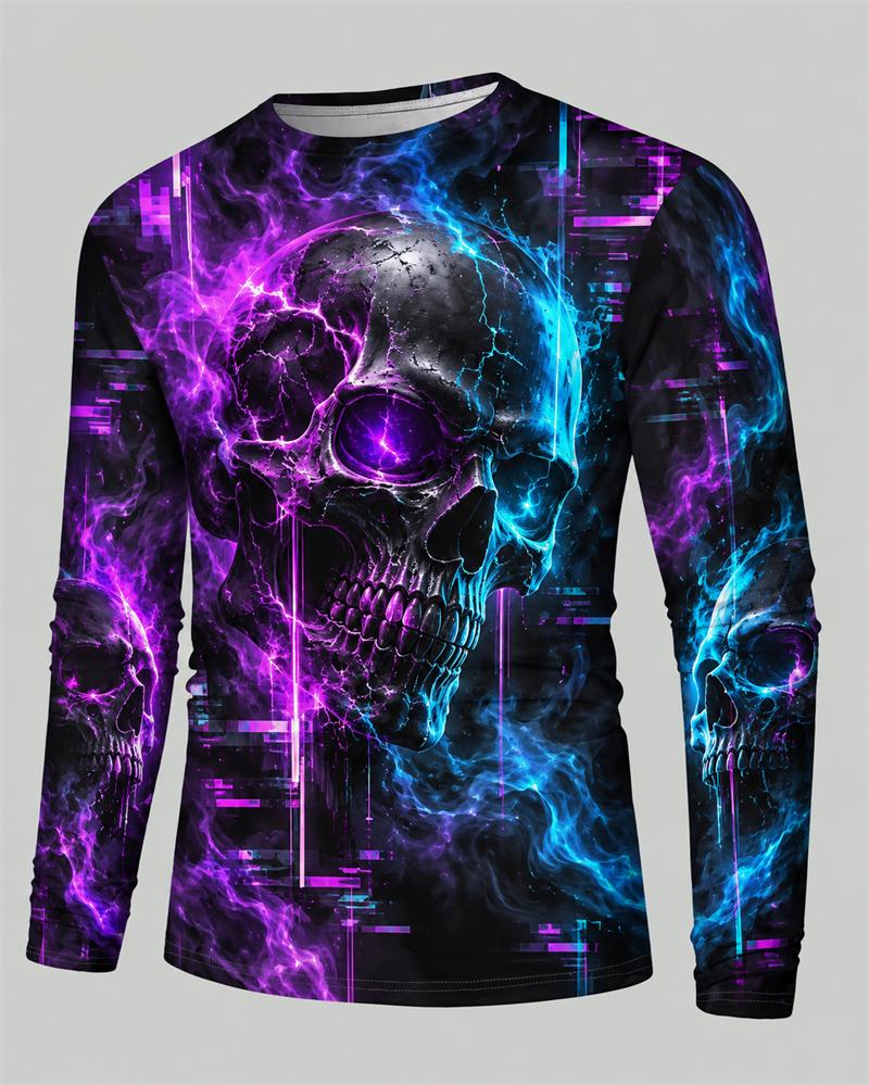 Mens 3D Flaming Skull Long Sleeve Shirt Crew Neck Graphic Tshirt Casual Streetwear Pullover Halloween Top Autumn Winter Unisex