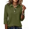Women's Casual Button Front Polo Shirt Three Quarter Sleeve Solid Color Collared Top Lightweight Comfortable Fit for Everyday Wear