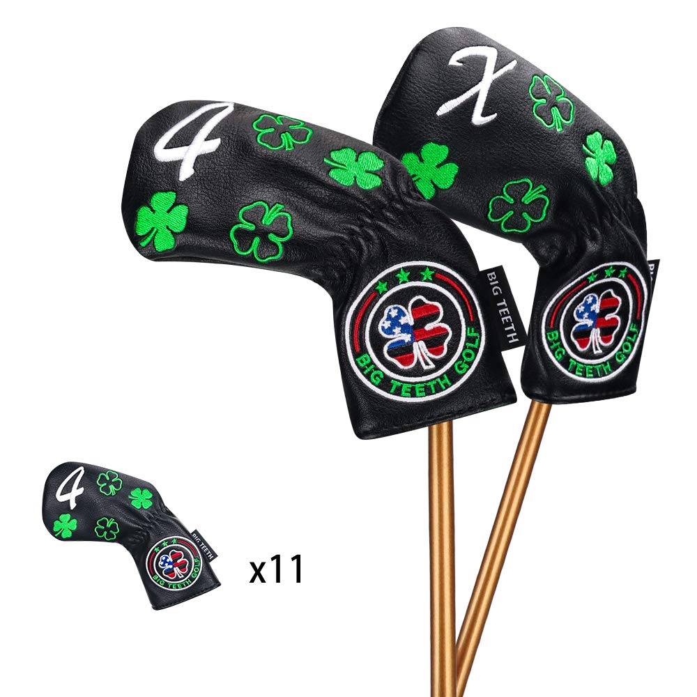 Big Teeth Golf Iron Headcover Set (11 Pieces: 4-9, P, A, S, L, X) with Embroidered Numbers, Long Neck, Elastic Closure, Clover Embroidery, Synthetic L