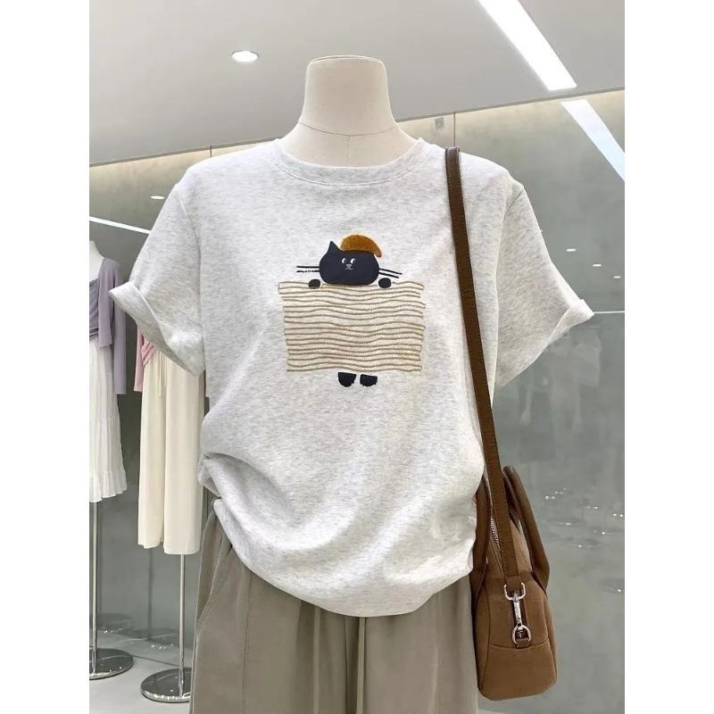 

Pure Cotton Printed Round Neck T-shirt Versatile Short-sleeved Summer New Casual Loose Top S сірий