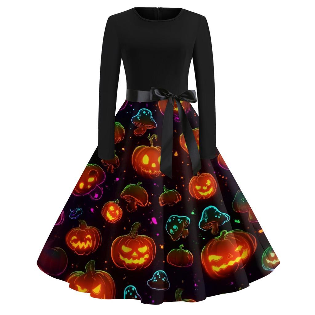 Women's Vintage Round Neck Dress with Halloween Print for Casual Fall Outings