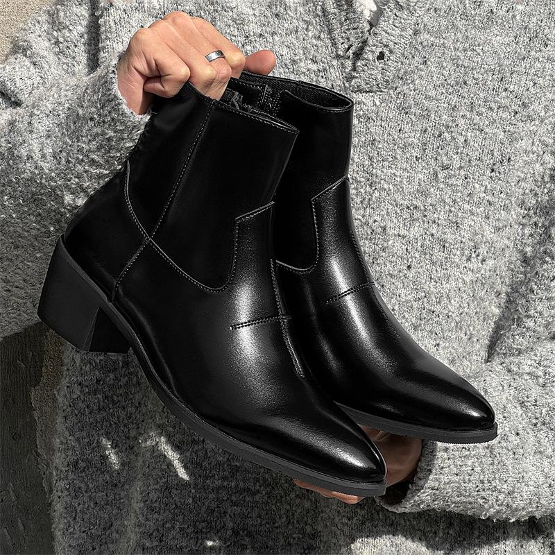 Men's Fashion Party Banquet Chelsea Boots Slip-on Original Leather Shoes Cowboy Tooling Boot Pointed Toe High Heels Man Footwear
