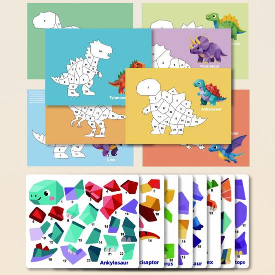 3D-Aufkleber-Puzzle Malbuch Feinmotorik Konzentrationstraining Tier Dinosaurier Fahrzeug Lernen Kinder Pädagogisch Geometrisches Aufkleber-Puzzle Malen