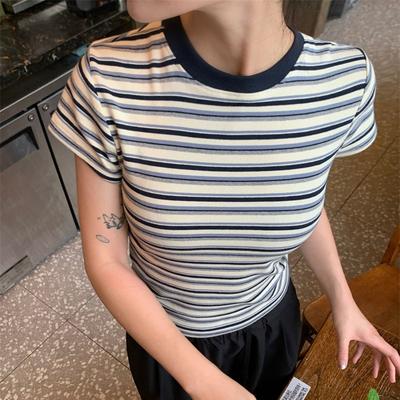 Summer Korean Black Stripe T Shirts Women's O-neck Short-sleeve T-shirt Young Girl Harajuku Casual Elastic Skinny Y2k Tops Women