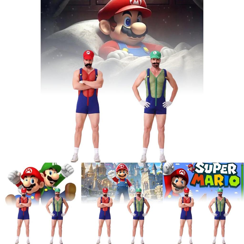 Conjunto de Disfraz de Mario Único Con Sombrero, Guantes, Bigote y Tirantes Para Adultos