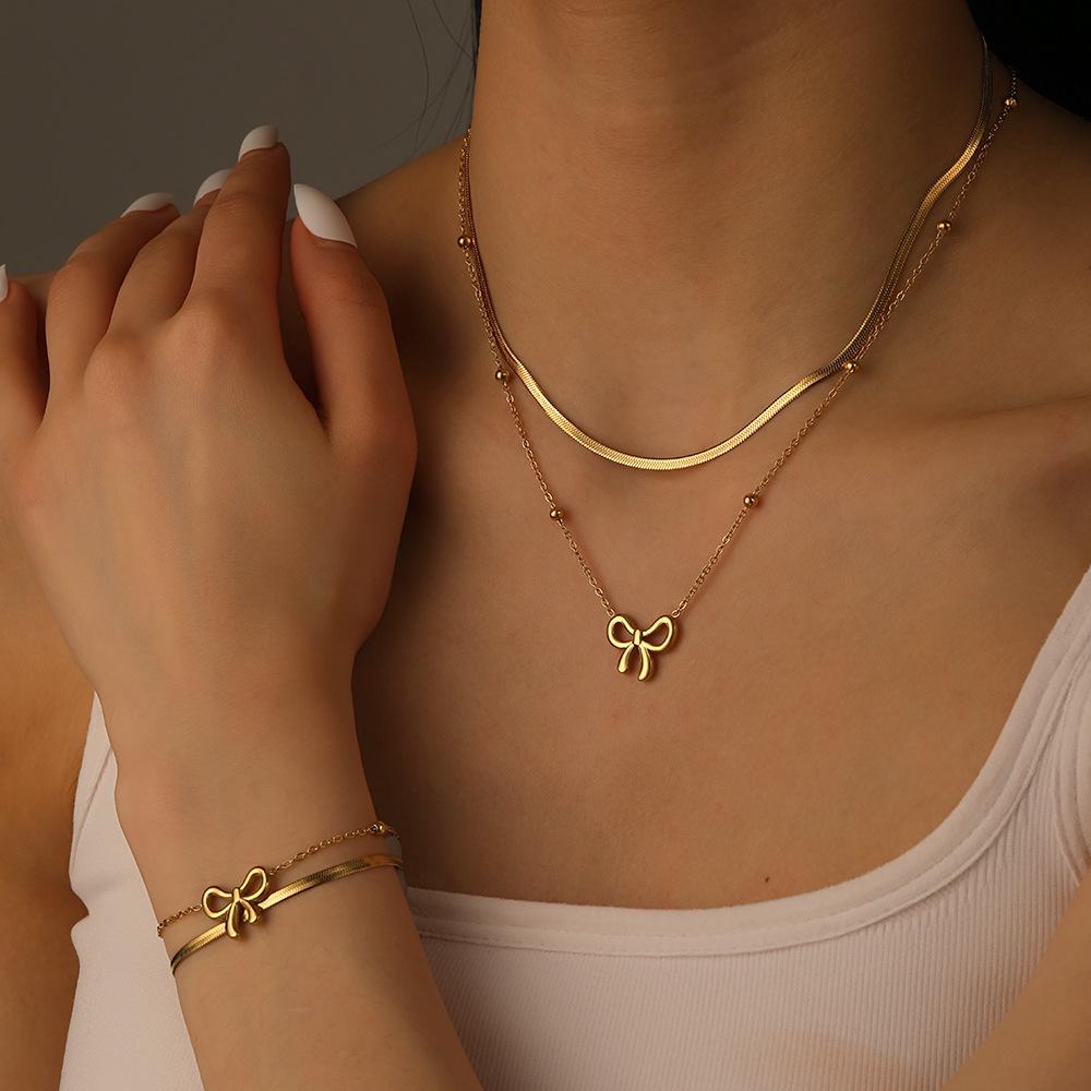Cross Stainless Steel Double-Layer Bow Knot Anklet with Colorfast 18K Electroplated Bead Clasp